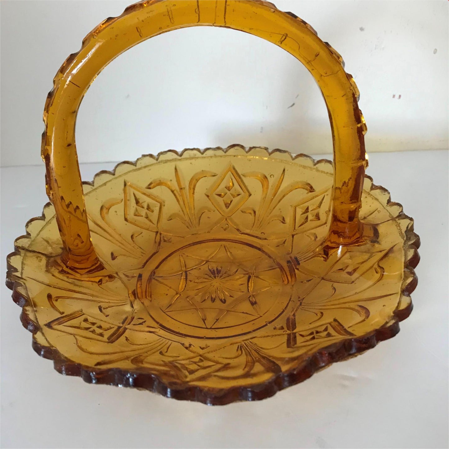 Vintage Amber pressed glass colourful glass bon bon sweet bowl dish with handle