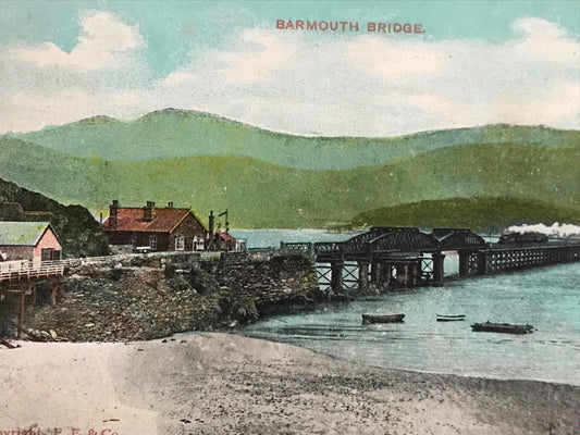 Vintage Postcard BARMOUTH BRIDGE NORTH WALES colour steam train railway river