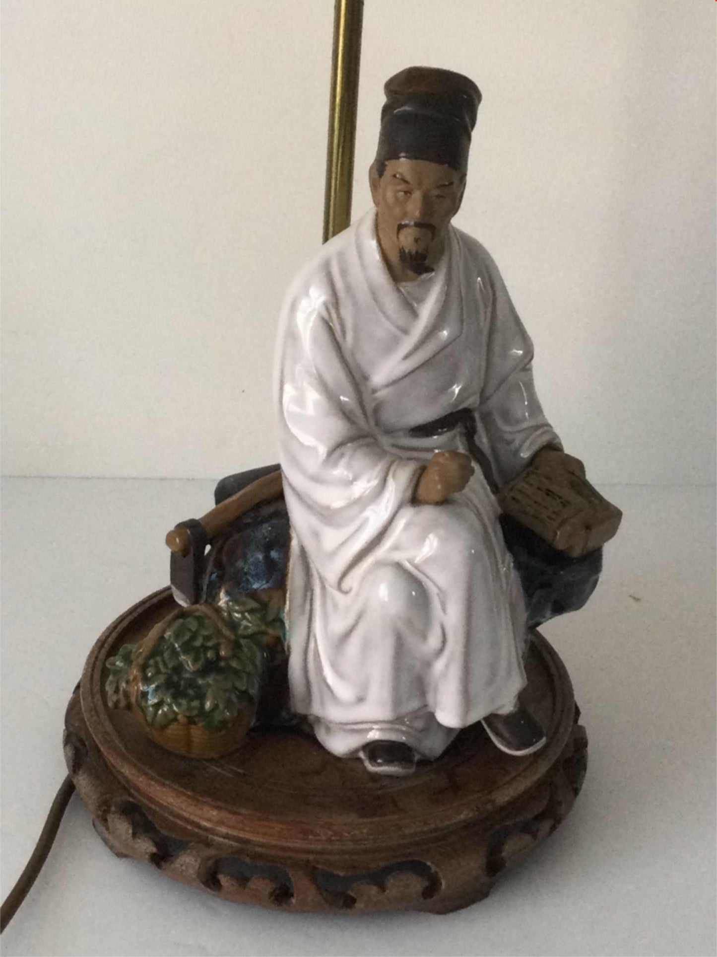 Large Vintage Chinese Mud man ceramic table lamp with shade. PAT tested approx 68cm high