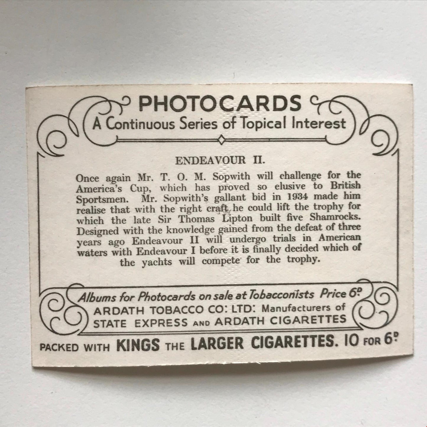 ENDEAVOUR II yacht Photocard Ardath Kings Tobacco card Topical Interest 1937