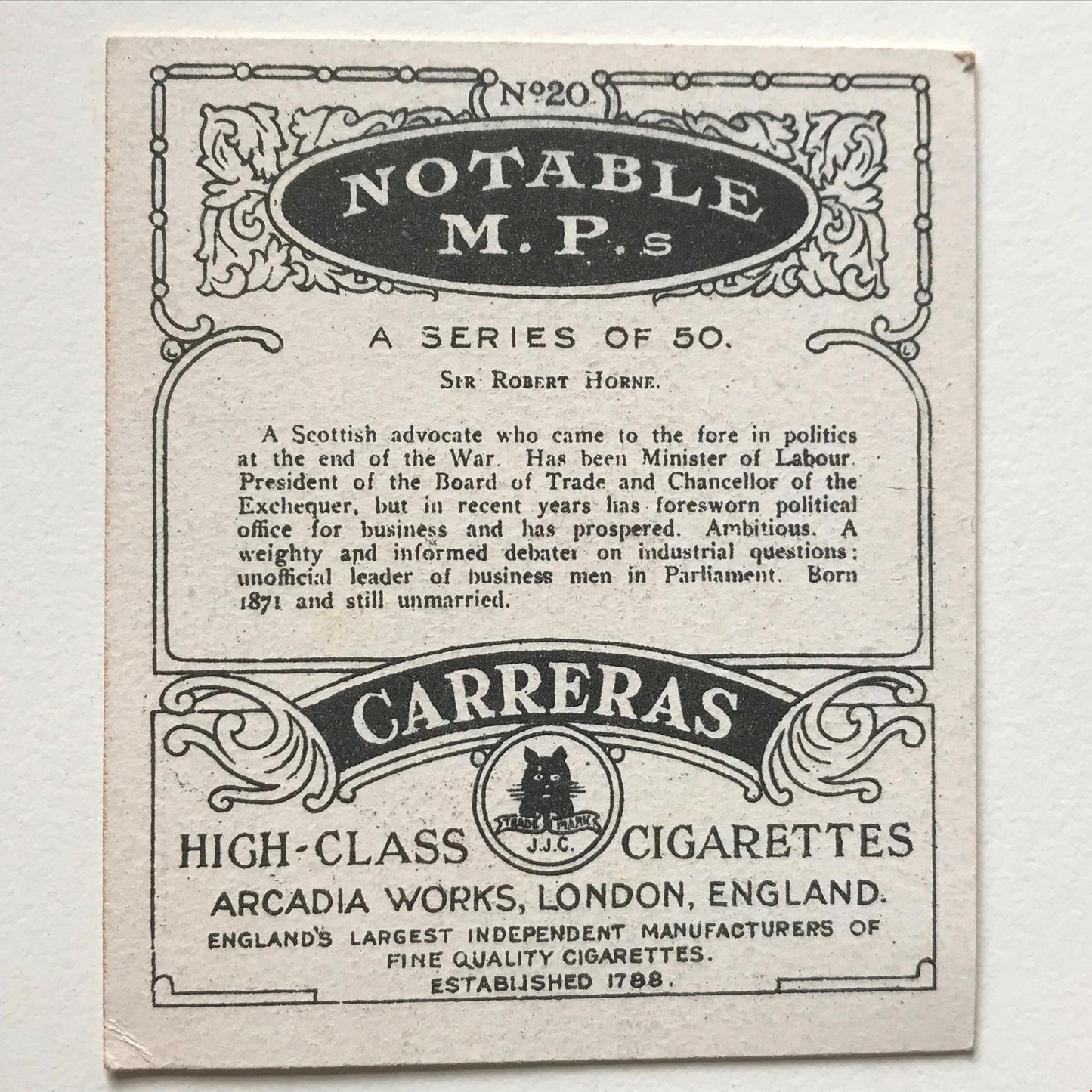 SIR ROBERT HORNE Carreras Cigarette Card NOTABLE MPS no20 Scottish advocate