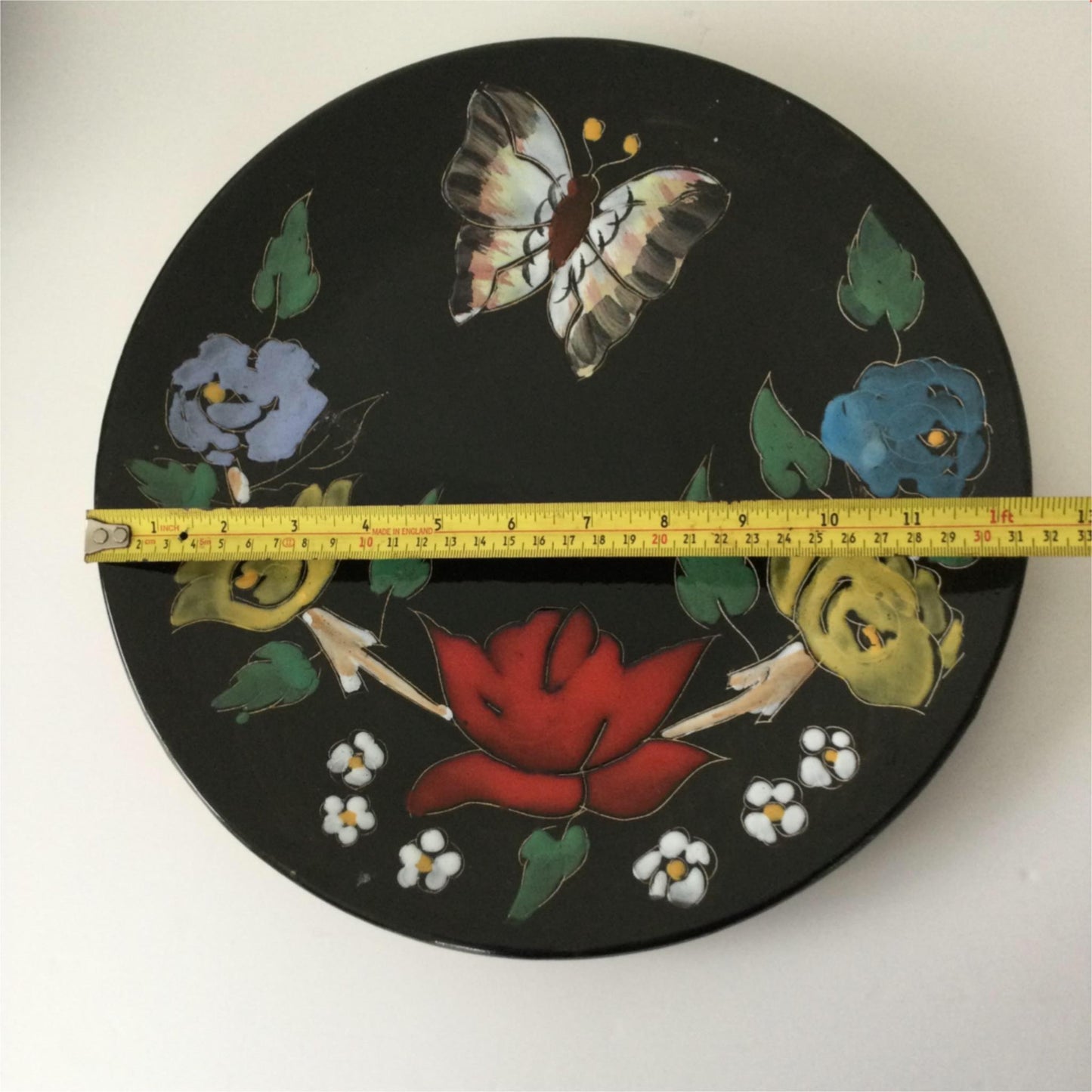 Pair of artisan plates wall decor glossy black with bright colours flowers birds