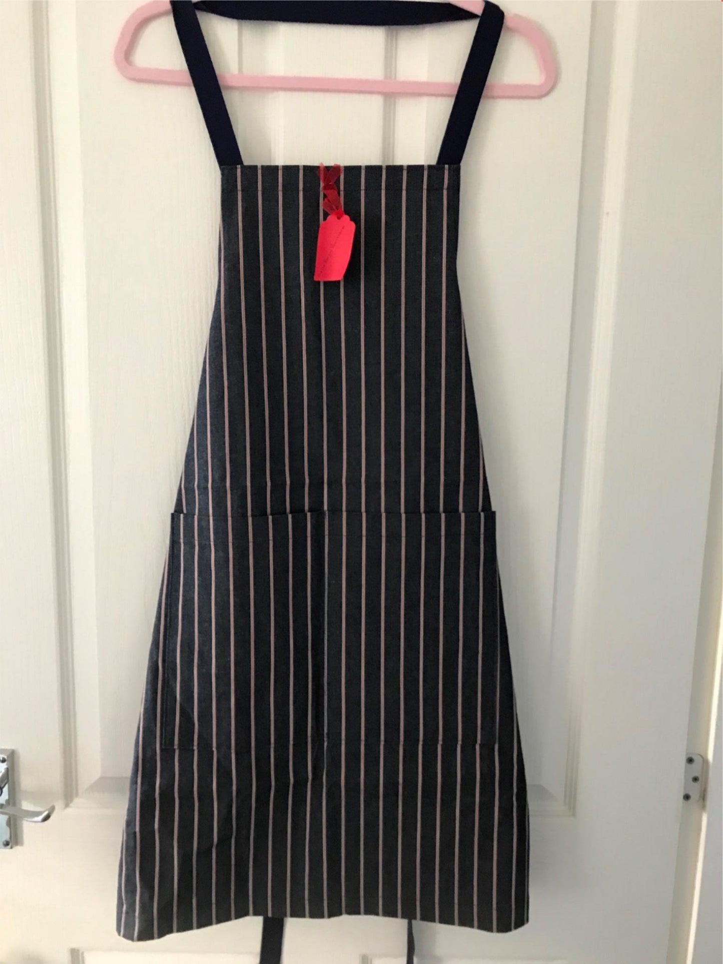 Adults Handmade Navy and Red Striped Apron. Denim look. Ticking fabric