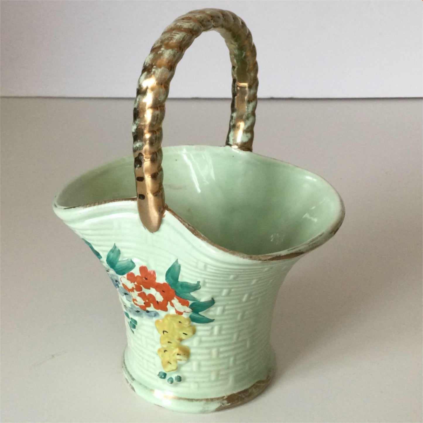 Vintage Keele Street KSP Ceramic Posy Vase - Basket Shaped. Green hand painted floral vase