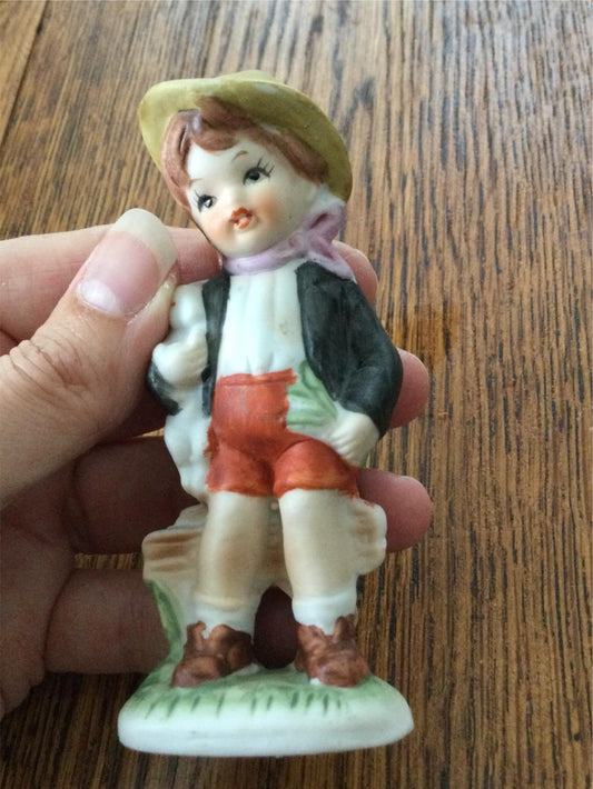 Vintage figurine Cute country boy with rabbit Ornament ceramic Retro Kitsch