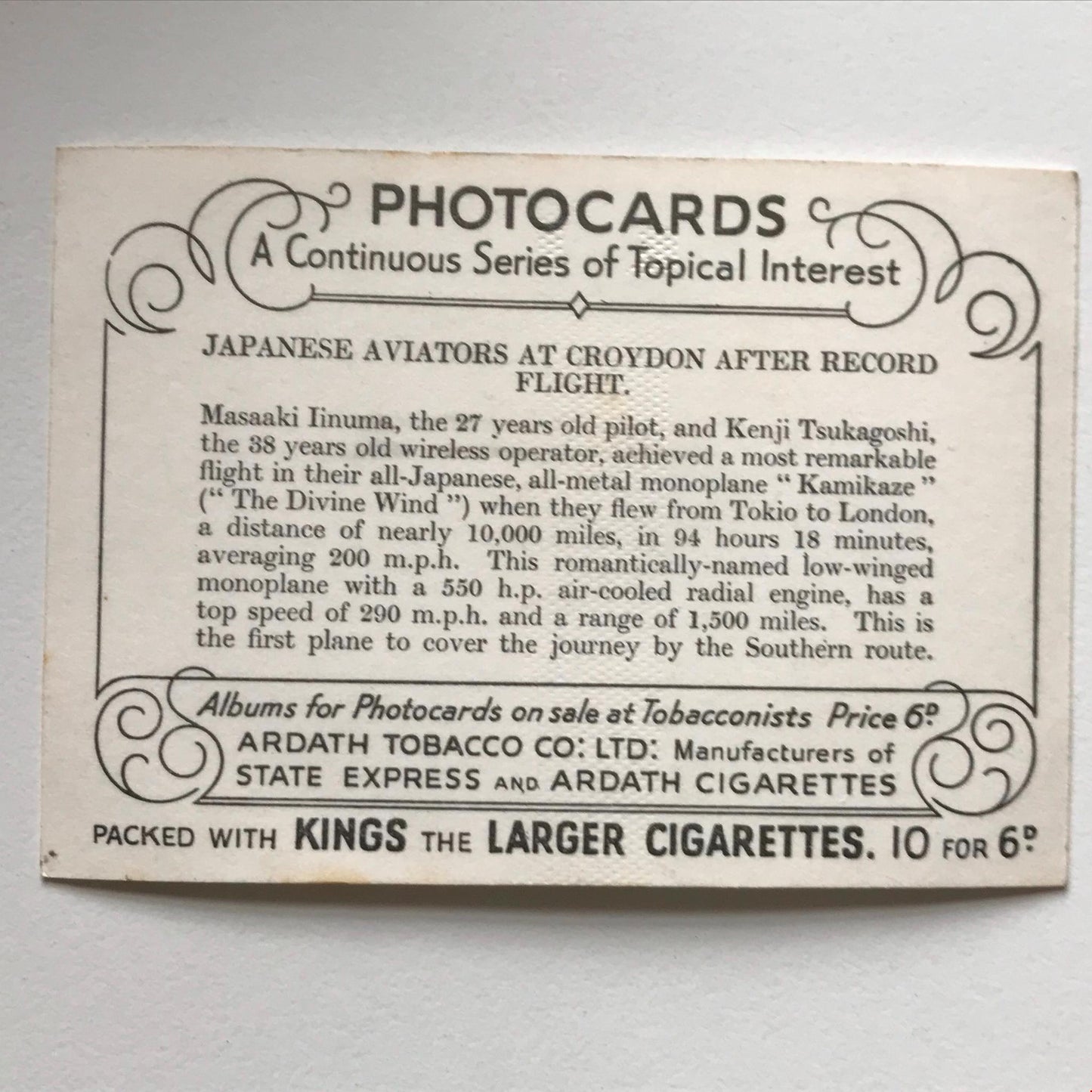 MASAAKI IINUMA KENJI TSUKAGOSHI Photo Ardath Kings Tobacco card Topical Interest