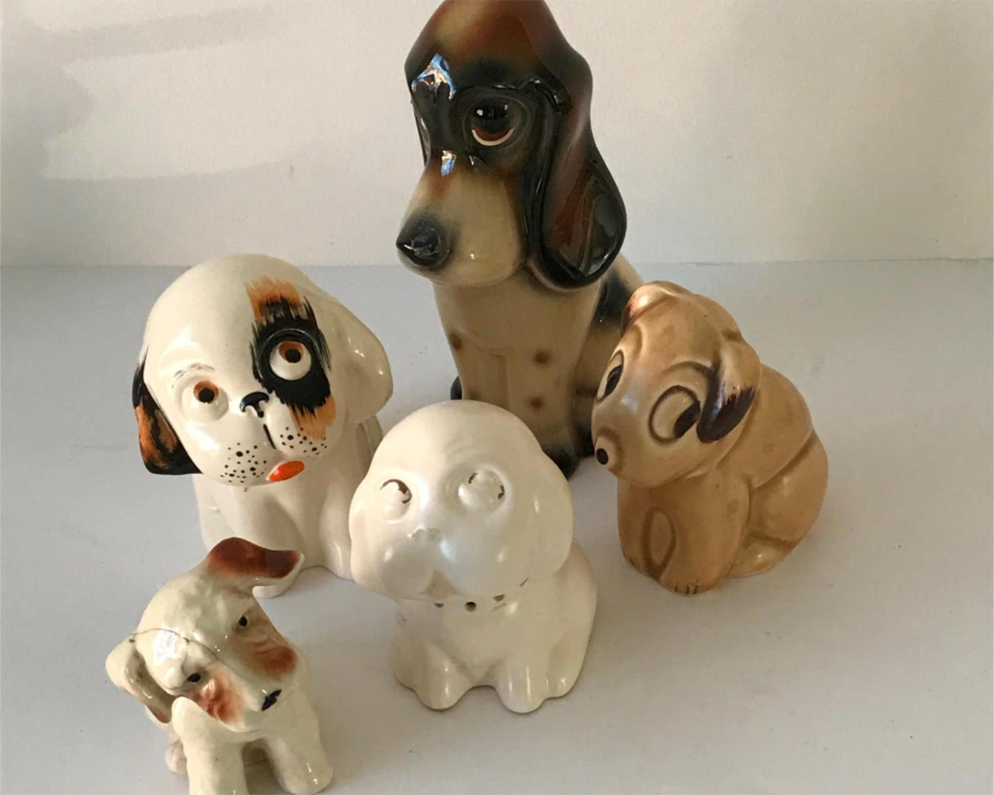 Vintage Dog Ornament. Made in Japan. Japanese. Terrier cute retro white and brown. Sad Face.