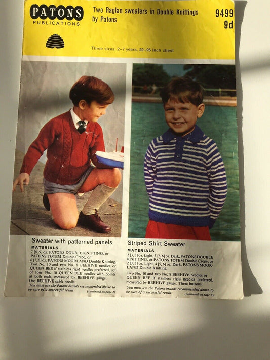 Vintage Knitting Pattern 1960s Boys Raglan Sweaters V Neck And Collared Patons