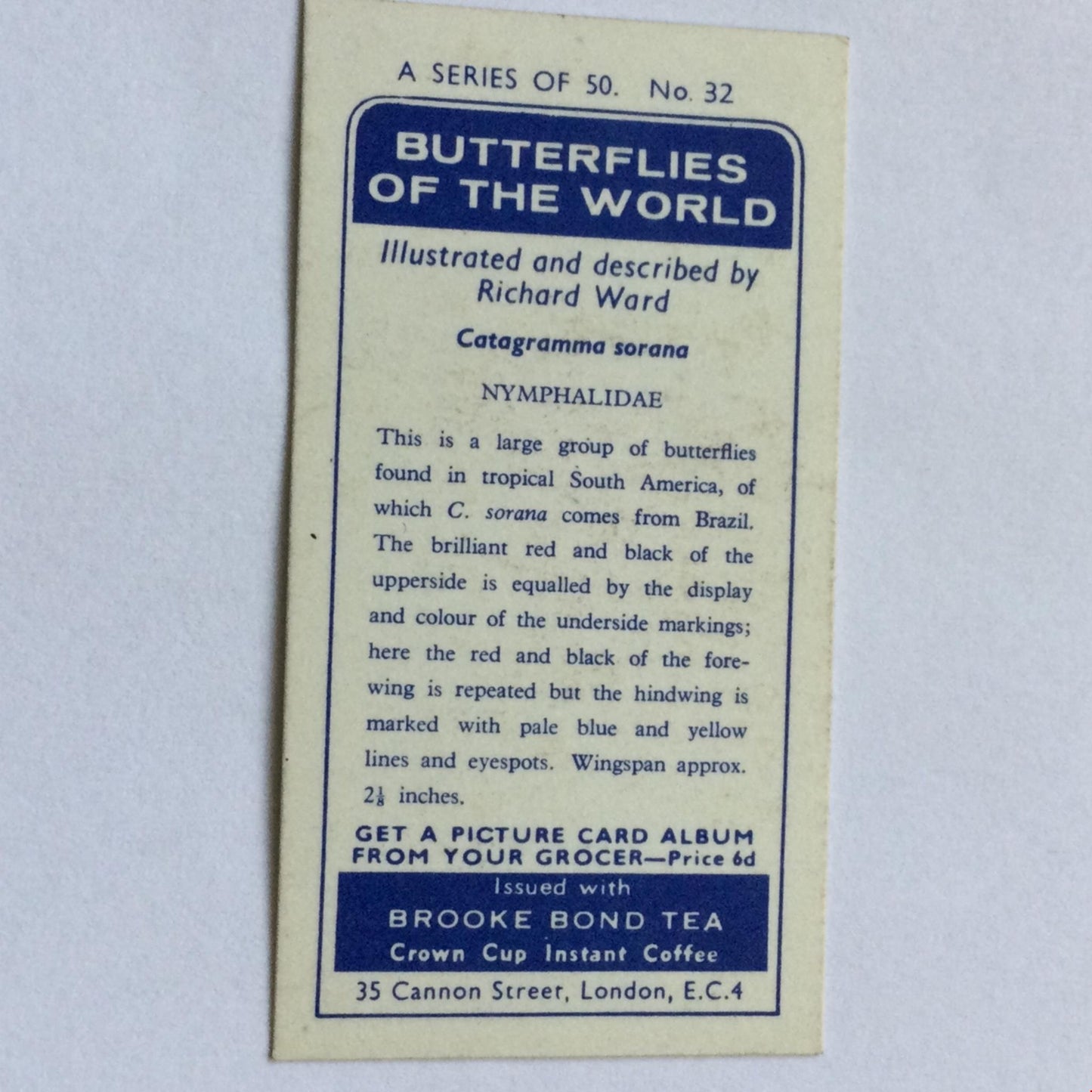 BUTTERFLIES OF THE WORLD- Brooke Bond Tea Cards- sold individually 1960s