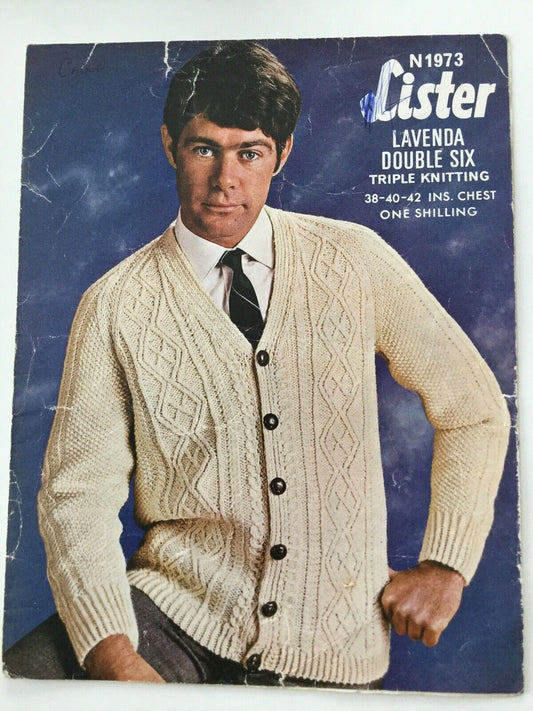 Vintage Knitting Pattern Mans Aran Cardigan Lister Triple Knitting 1960s