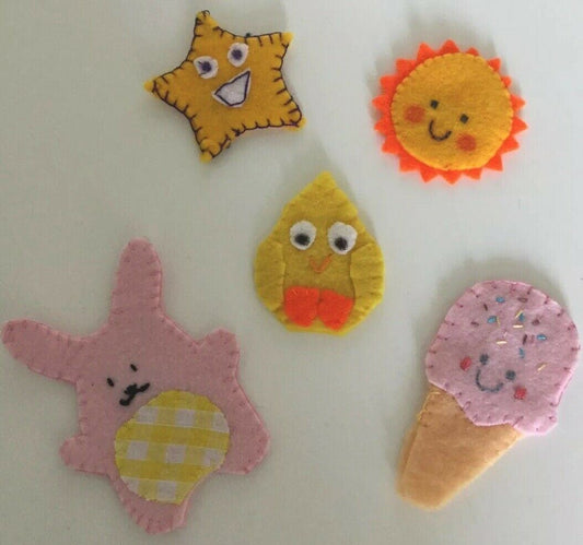 Cute Summer Finger Puppets Set Of 5. Chick, Bunny, Ice Cream, Sun, Star