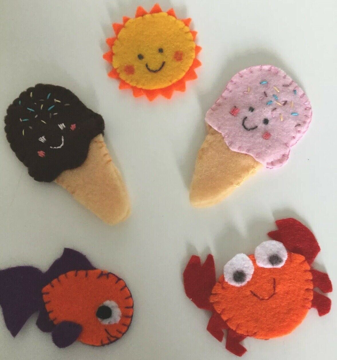 Finger Puppets Set Of 5. Kids Lockdown Gift. Crab, Ice Cream, Sun, Fish