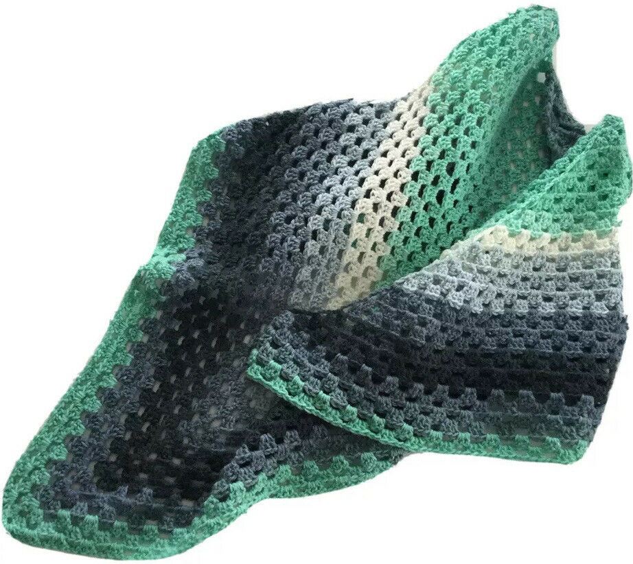 Crocheted Triangle Shawl Wrap Handmade In UK. Rosy May. Green Blue Grey Festival