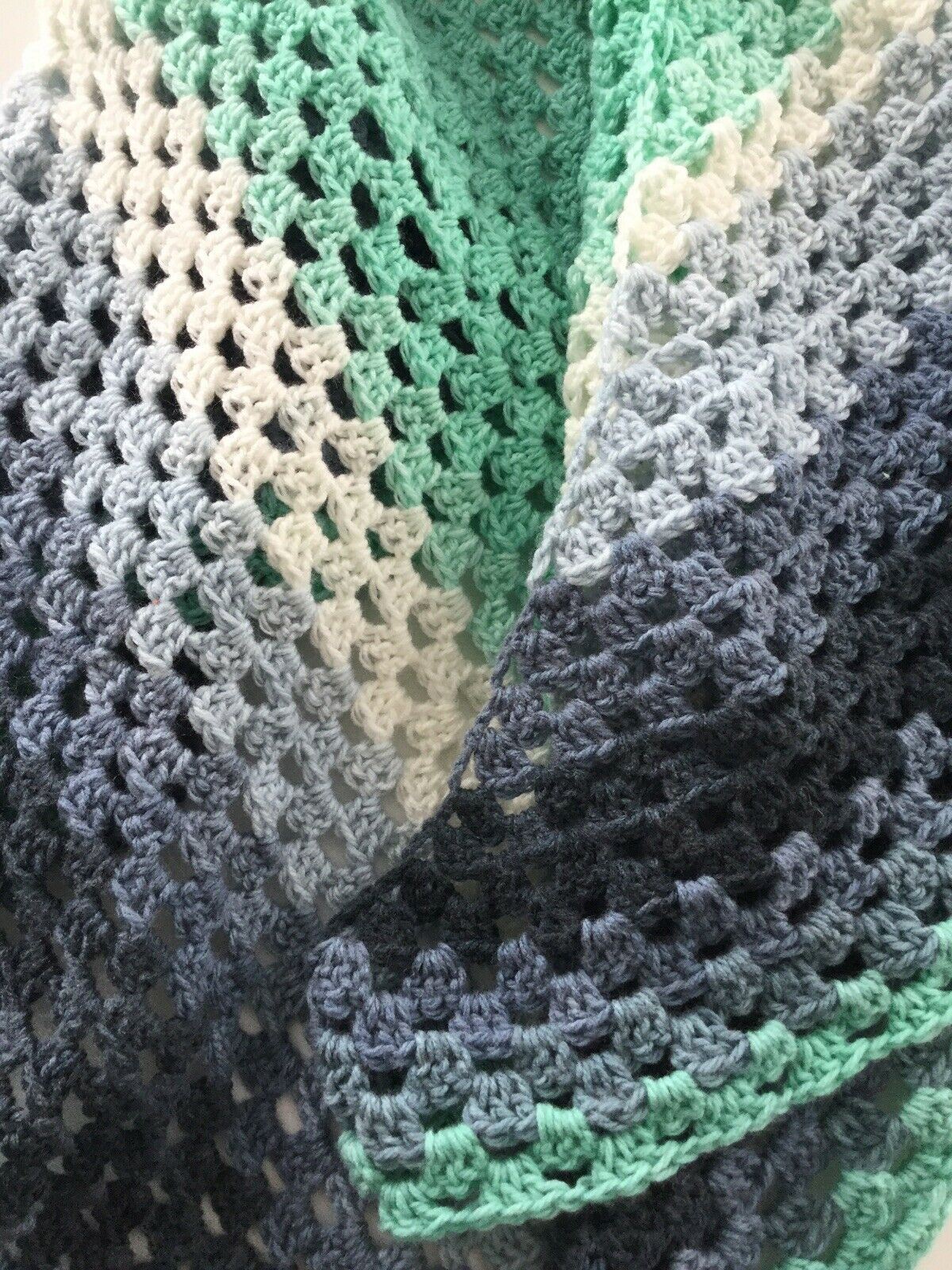 Crocheted Triangle Shawl Wrap Handmade In UK. Rosy May. Green Blue Grey Festival