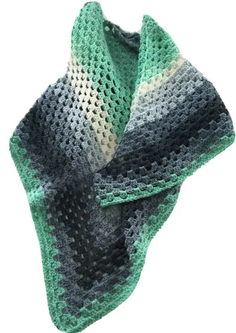 Crocheted Triangle Shawl Wrap Handmade In UK. Rosy May. Green Blue Grey Festival