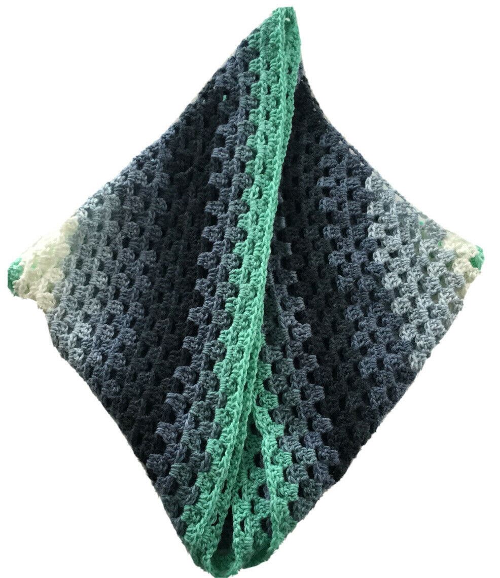 Crocheted Triangle Shawl Wrap Handmade In UK. Rosy May. Green Blue Grey Festival