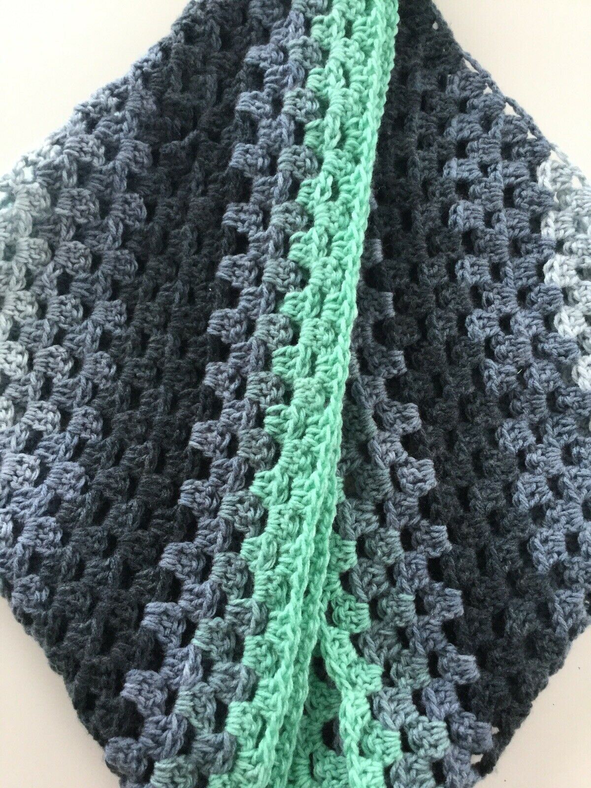 Crocheted Triangle Shawl Wrap Handmade In UK. Rosy May. Green Blue Grey Festival