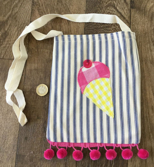 Childs Mini Canvas Shoulder Bag Tote Bag. Ice Cream Design. Pompoms. Summer Bag