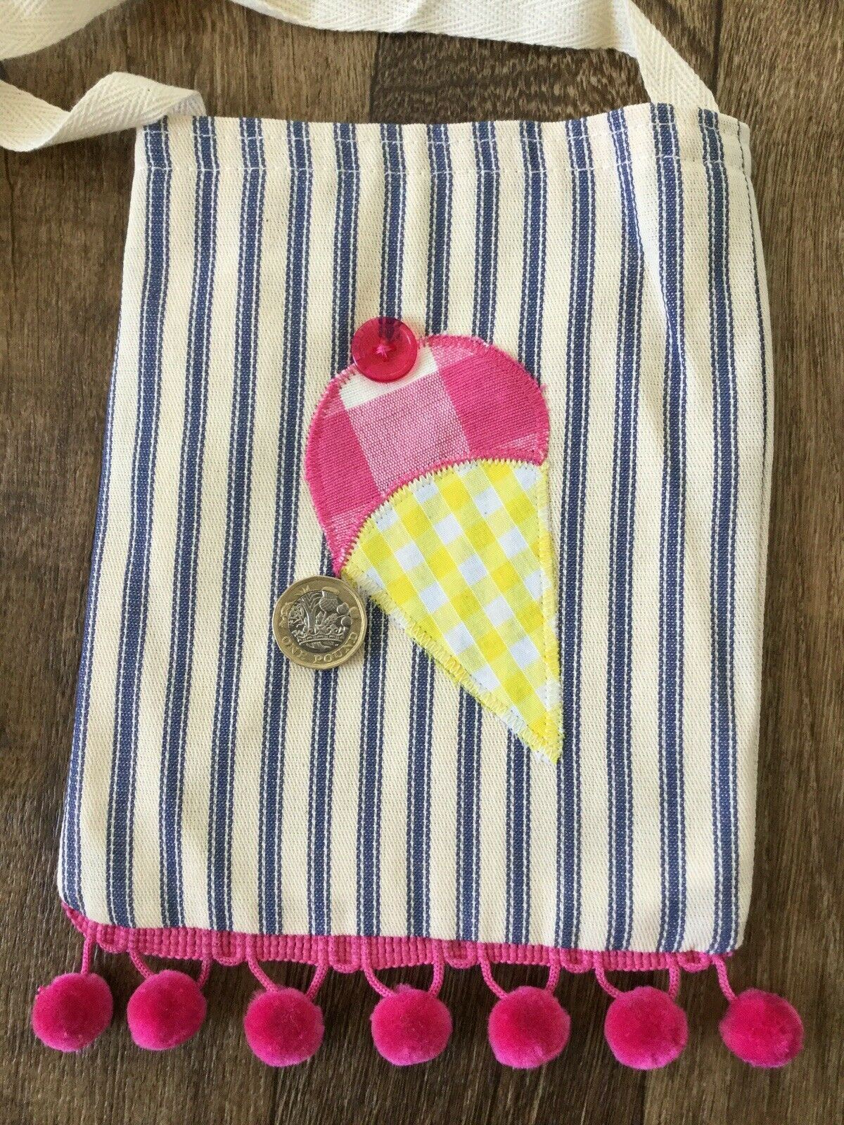 Childs Mini Canvas Shoulder Bag Tote Bag. Ice Cream Design. Pompoms. Summer Bag