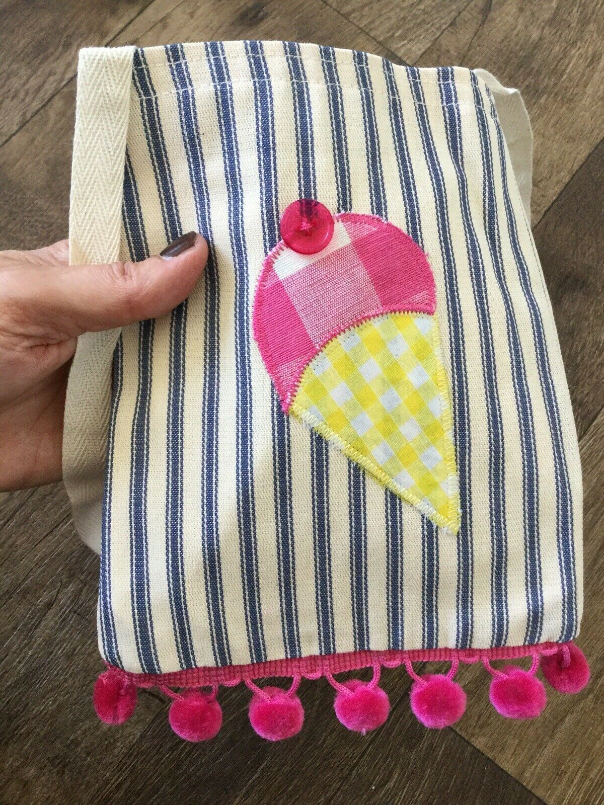 Childs Mini Canvas Shoulder Bag Tote Bag. Ice Cream Design. Pompoms. Summer Bag