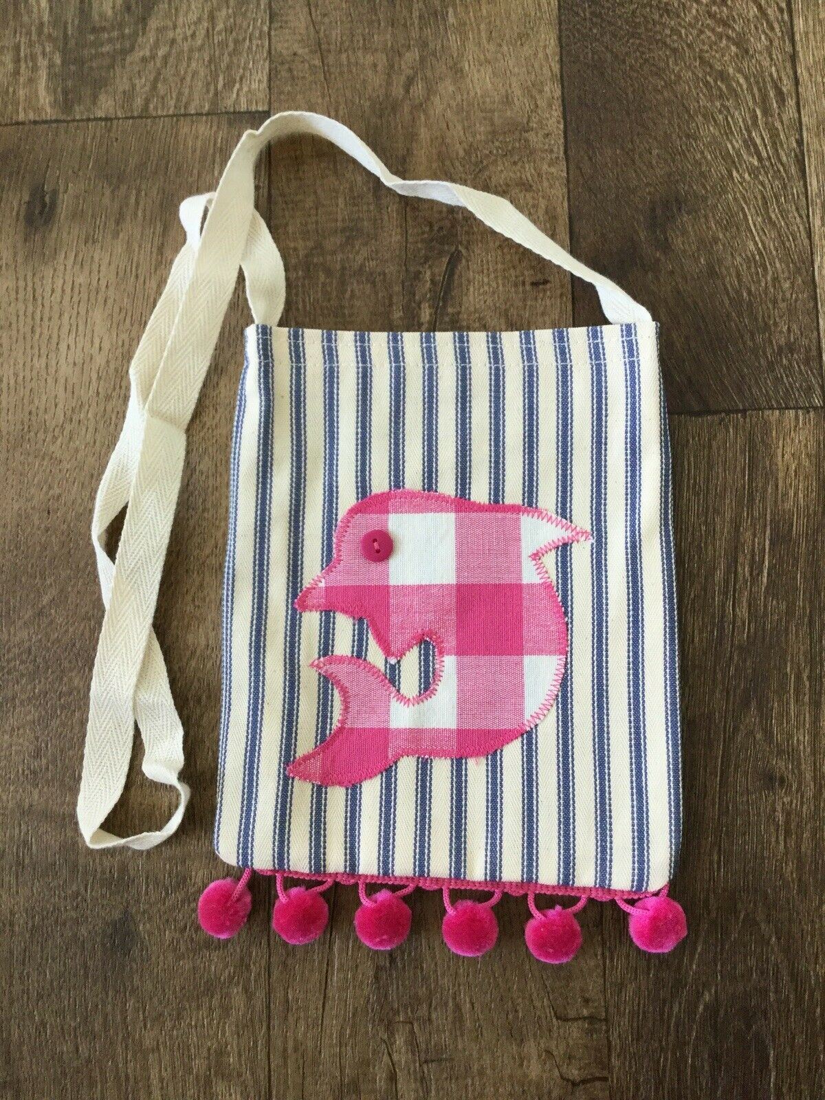 Kids Mini Fabric Shoulder Bag. Handmade In UK. Dolphin Striped Pink Pompoms Tote