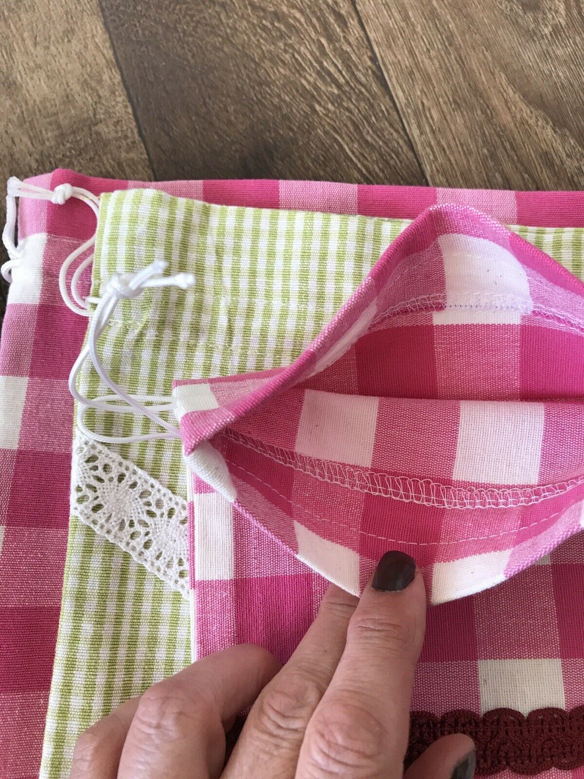 Set Of 3 Drawstring Bags. Pink And Green. Handmade In UK. Vintage Style.