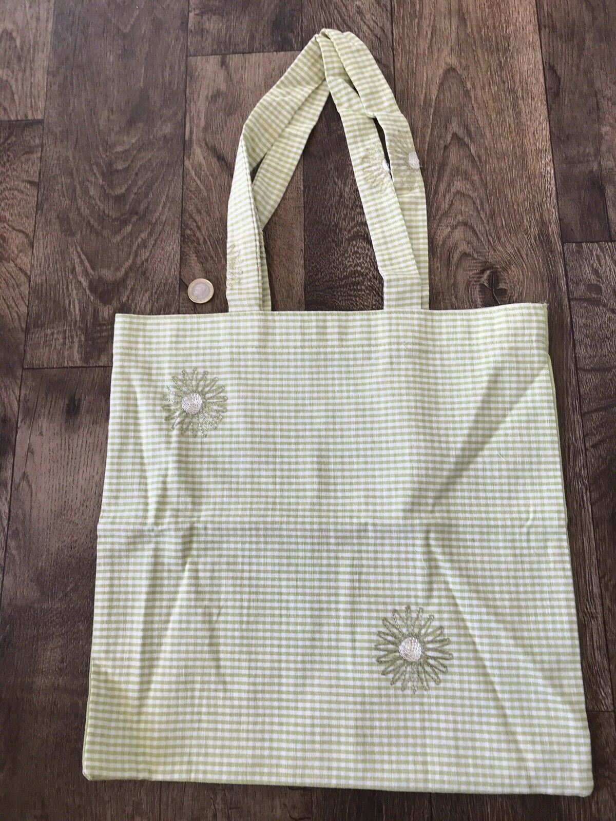 Green Check And Floral Tote Bag. Handmade In UK. Pretty. Vintage Style. Gingham