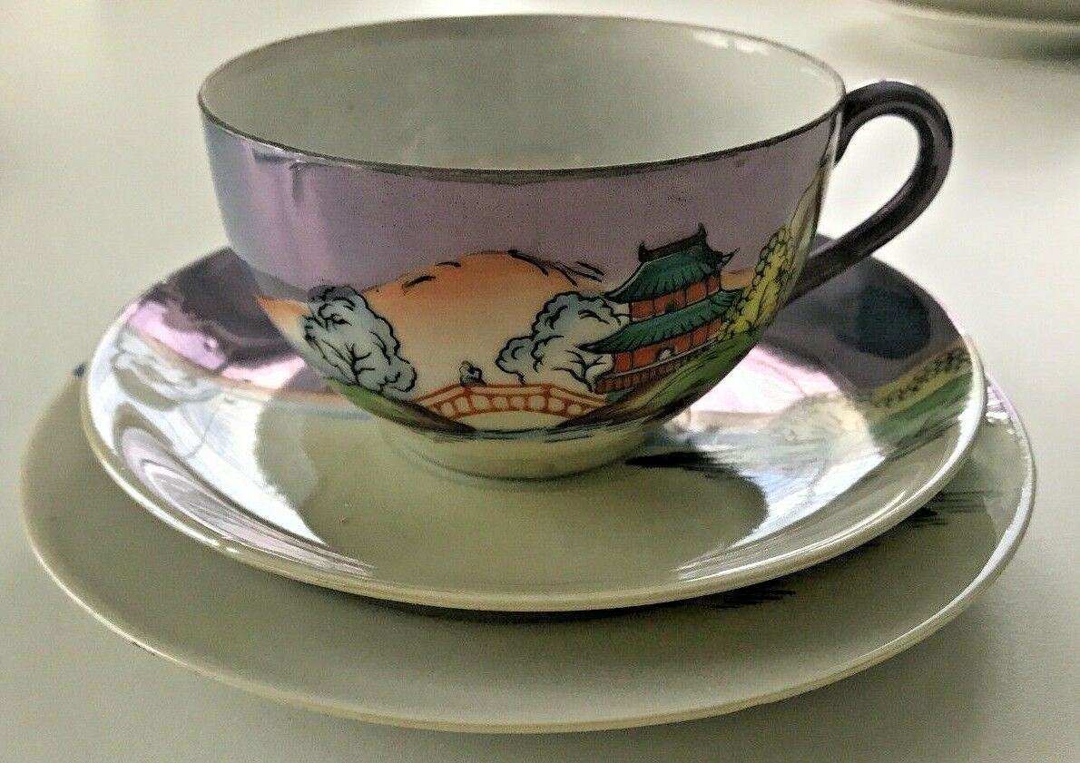 Vintage 1930s Japanese Bone China Trio Cup Saucer Plate painted scene Chikaramachi.