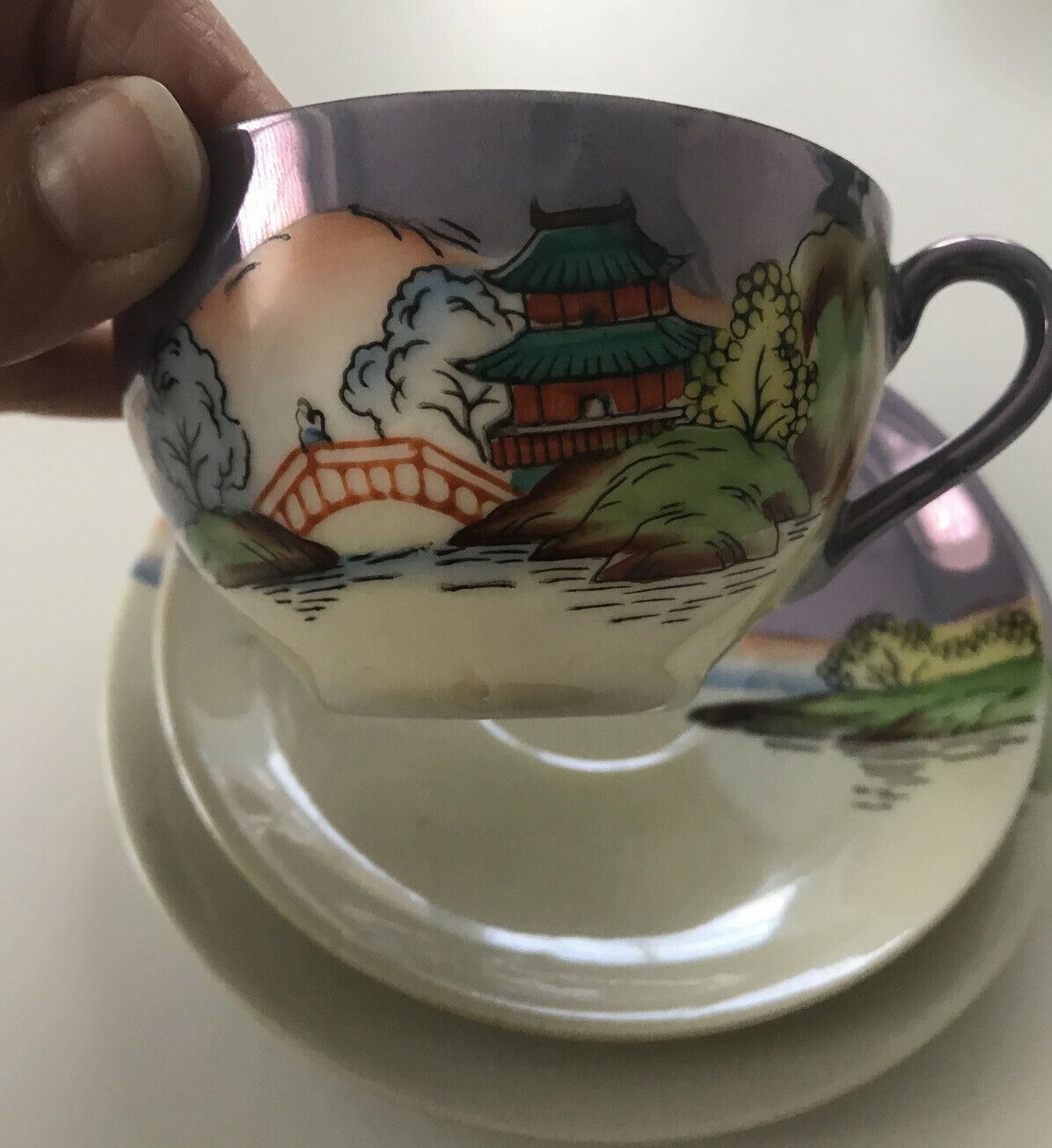 Vintage 1930s Japanese Bone China Trio Cup Saucer Plate painted scene Chikaramachi.