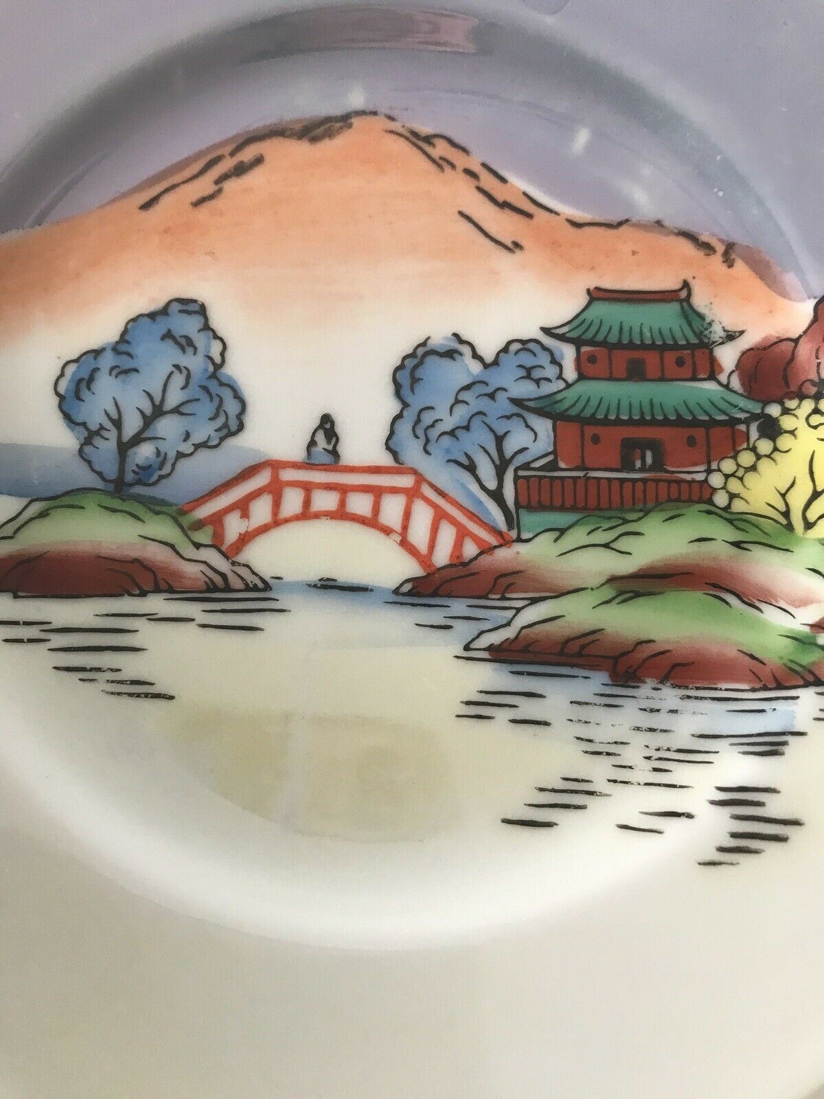 Vintage 1930s Japanese Bone China Trio Cup Saucer Plate painted scene Chikaramachi.