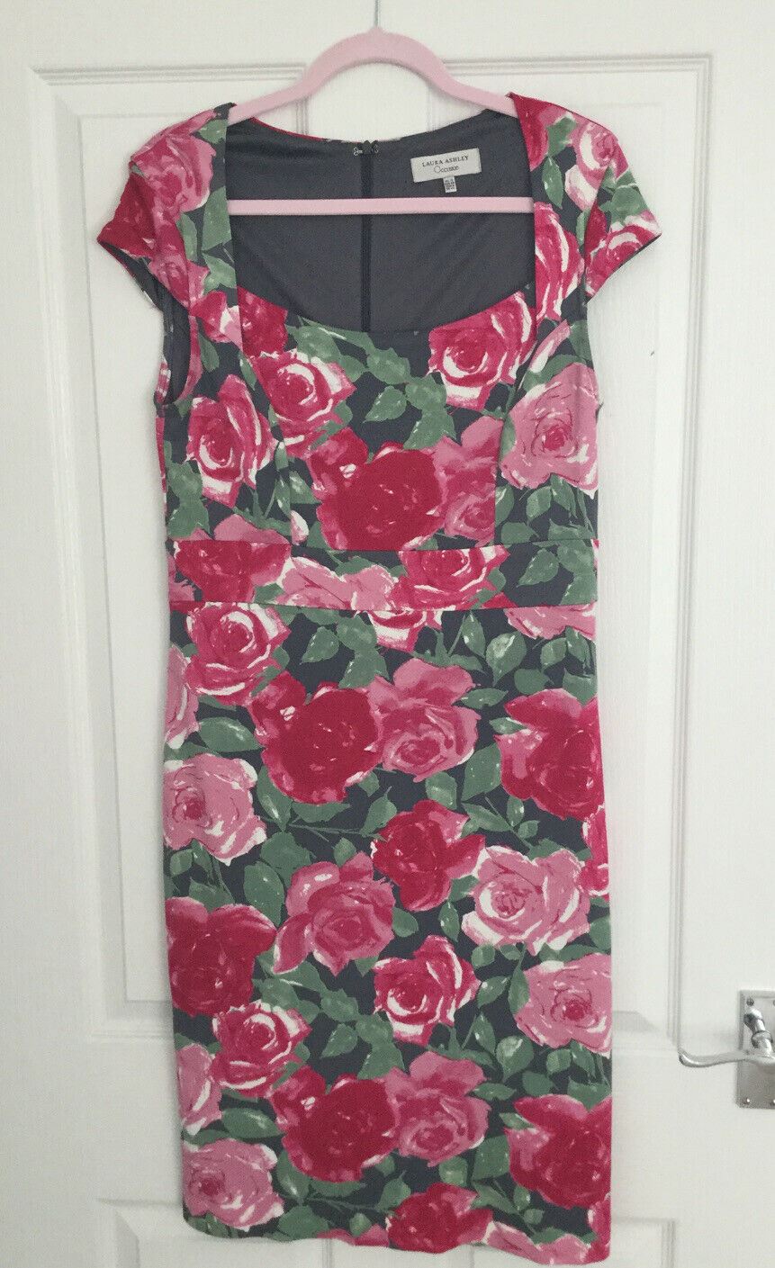 Laura Ashley Dress 12 Floral Roses. Pink + Green. Fitted. Cap Sleeve. Formal.