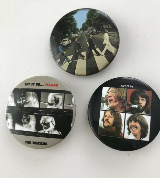 Set Of 3 Vintage Beatles Badges. 1970s? Let It Be Naked. Abbey Road. Zebra Cross