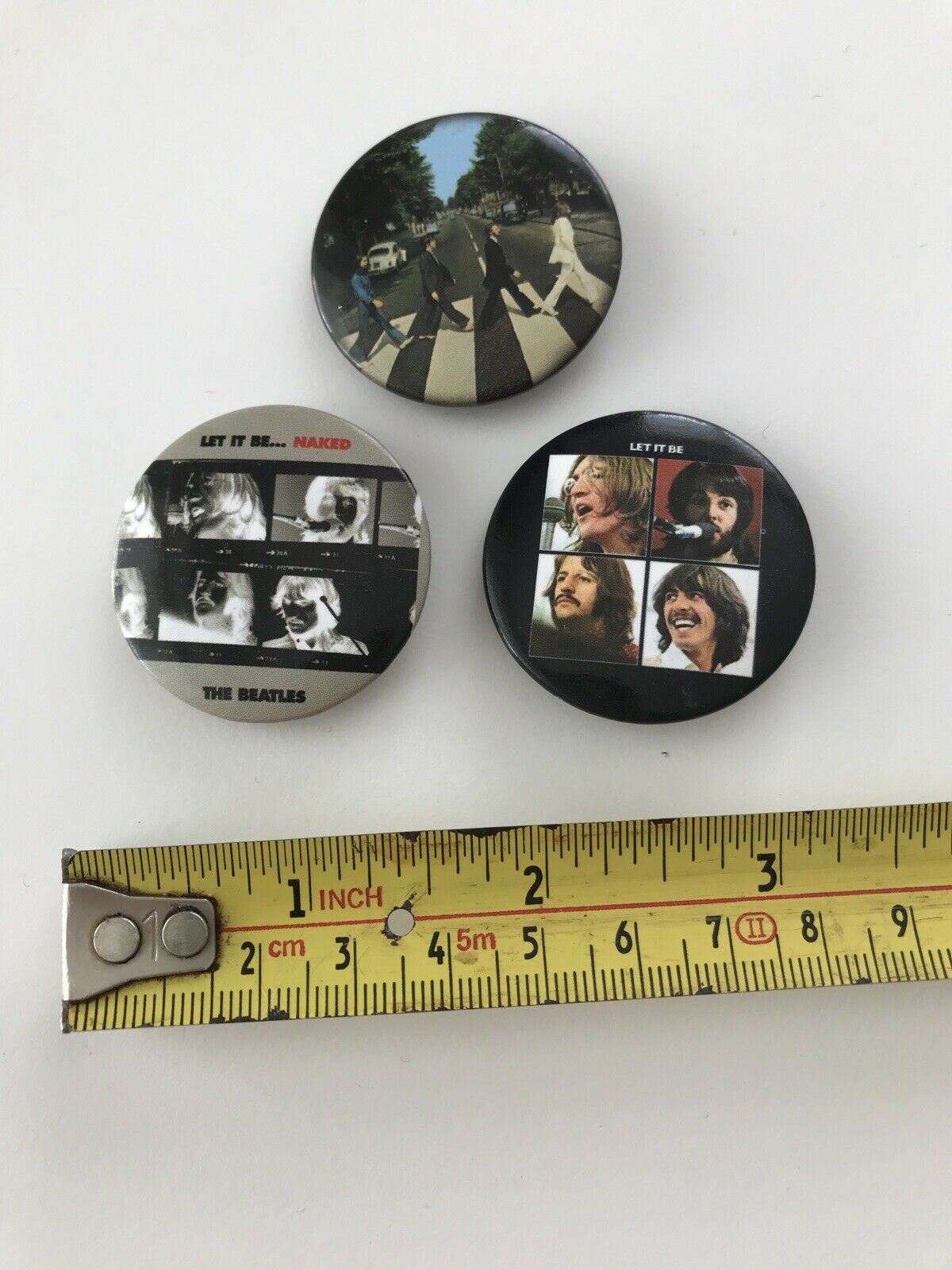 Set Of 3 Vintage Beatles Badges. 1970s? Let It Be Naked. Abbey Road. Zebra Cross