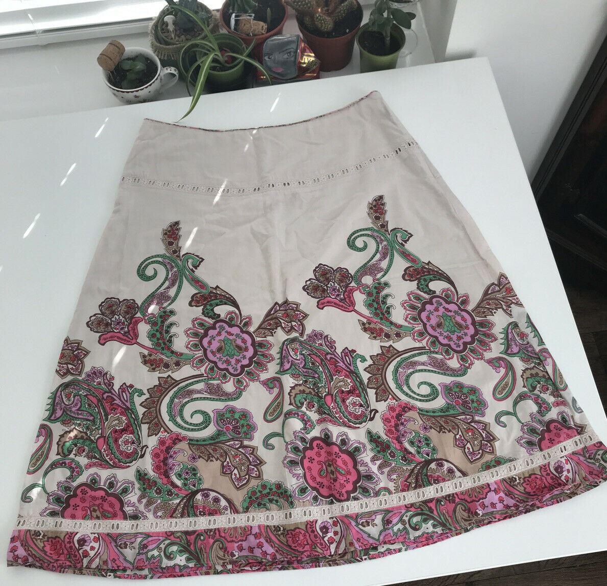 Monsoon Multi Print Pink Green Neutral Paisley print Skirt. Size 14. A Line. Ethnic. Summer.