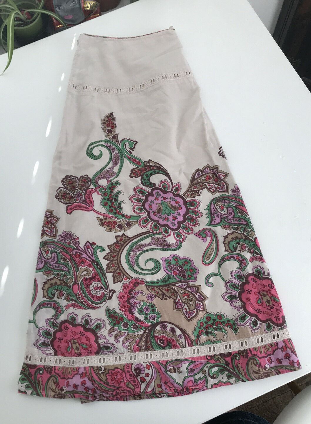 Monsoon Multi Print Pink Green Neutral Paisley print Skirt. Size 14. A Line. Ethnic. Summer.