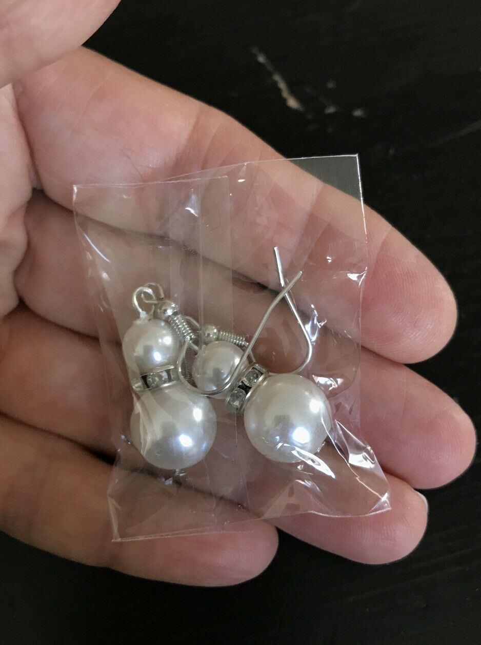 Simulated Pearl And Diamante Drop Earrings. Silver Tone. Pierced.