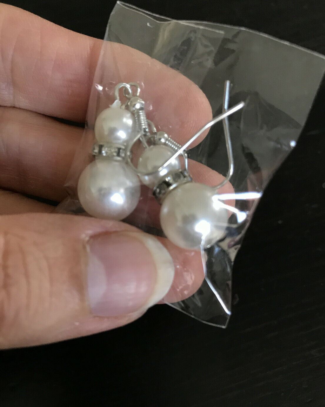 Simulated Pearl And Diamante Drop Earrings. Silver Tone. Pierced.