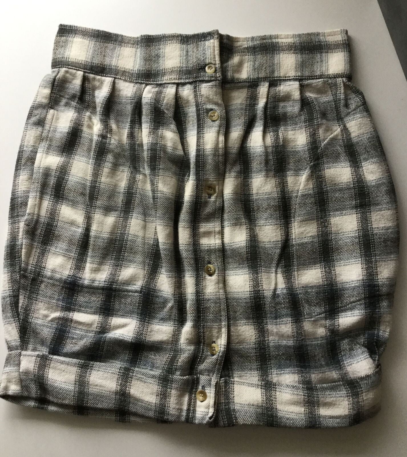 Repurposed upcycled Mini Skirt. Made From Vintage Flannel Shirt. 28” Waist Size 10. Cream blue brown checked.