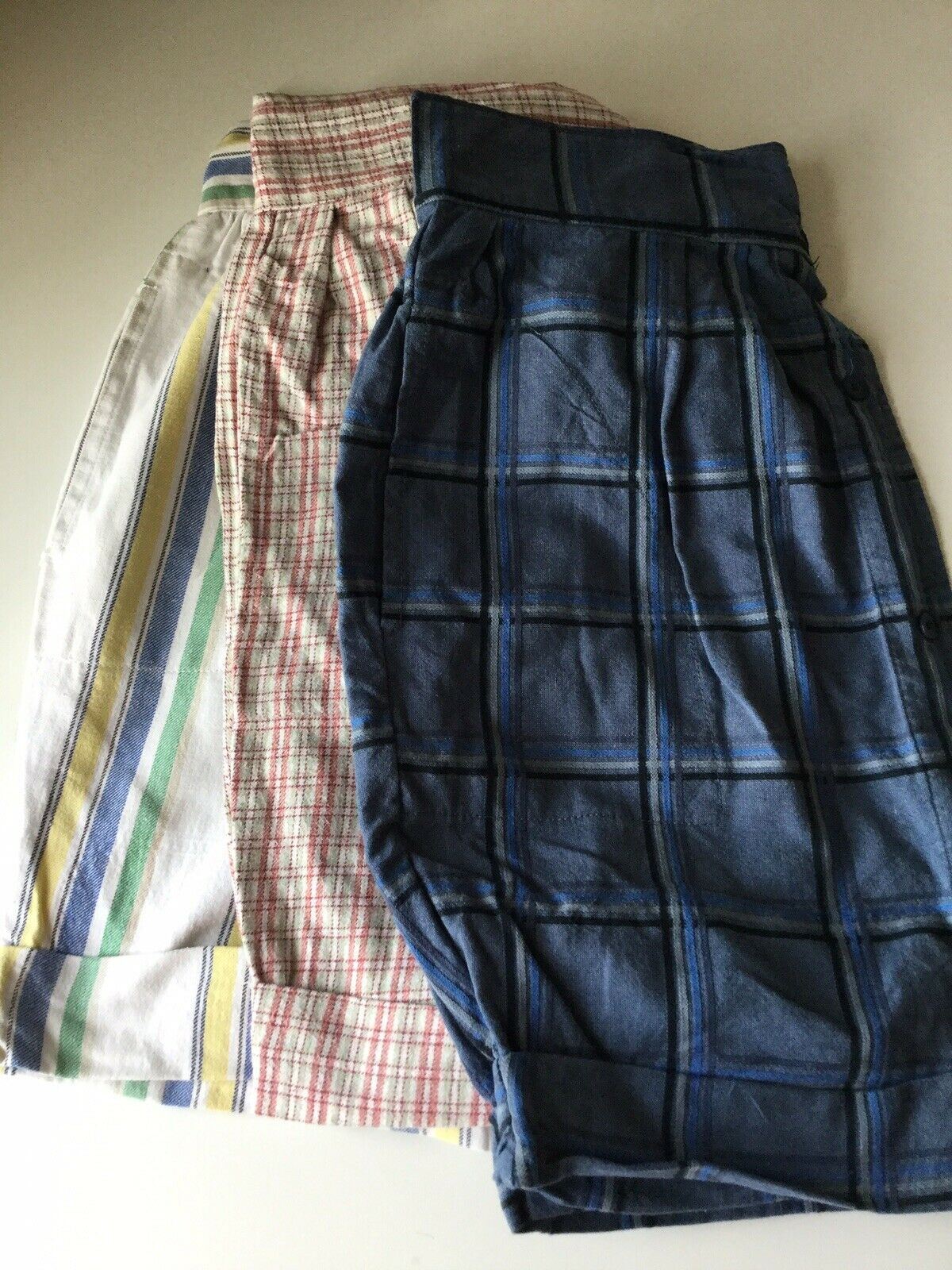 Repurposed upcycled Mini Skirt. Made From Vintage Flannel Shirt. 28” Waist Size 10. Cream blue brown checked.