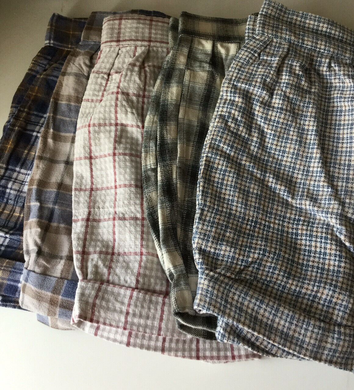 Repurposed upcycled Mini Skirt. Made From Vintage Flannel Shirt. 28” Waist Size 10. Cream blue brown checked.