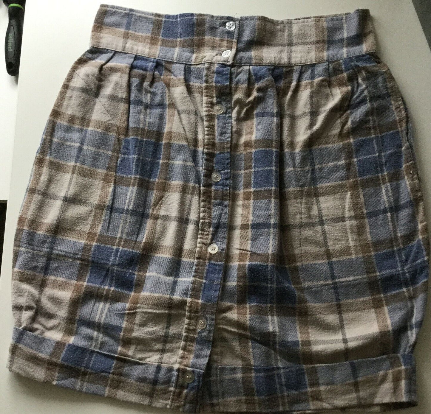 28” Waist Size 10. Vintage Fabric Mini Skirt. Checked. Upcycled Repurposed.  Blue and brown.