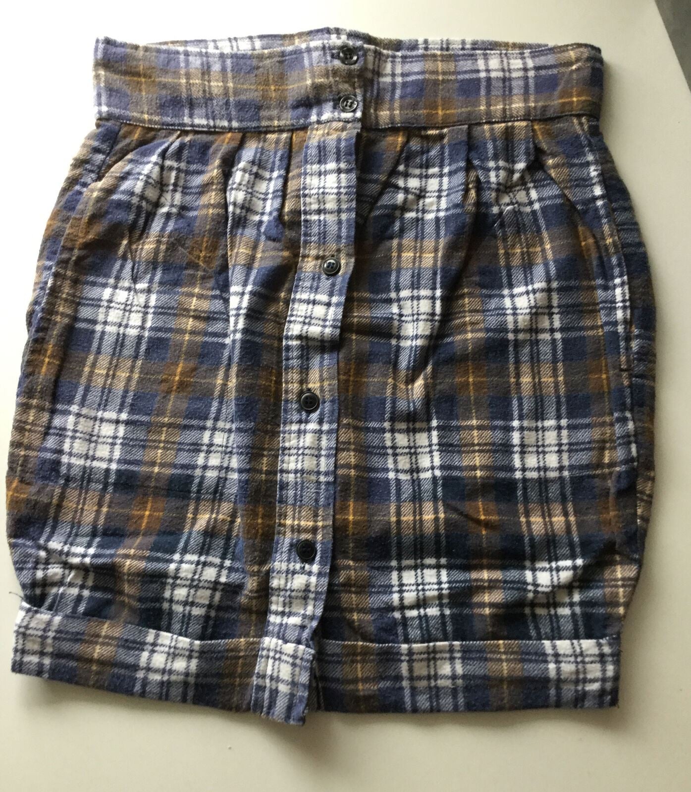 Size 10, 28" waist. Checked Flannel Mini Skirt. Upcycled From Vintage Shirt. Blue Brown.