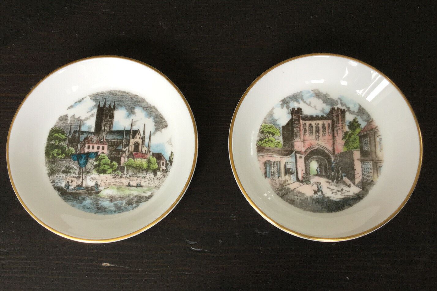 Royal Worcester. Worcester Cathedral & Priory Gatehouse Pair Of Small Trinket Dishes / Pin Trays. Boxed.