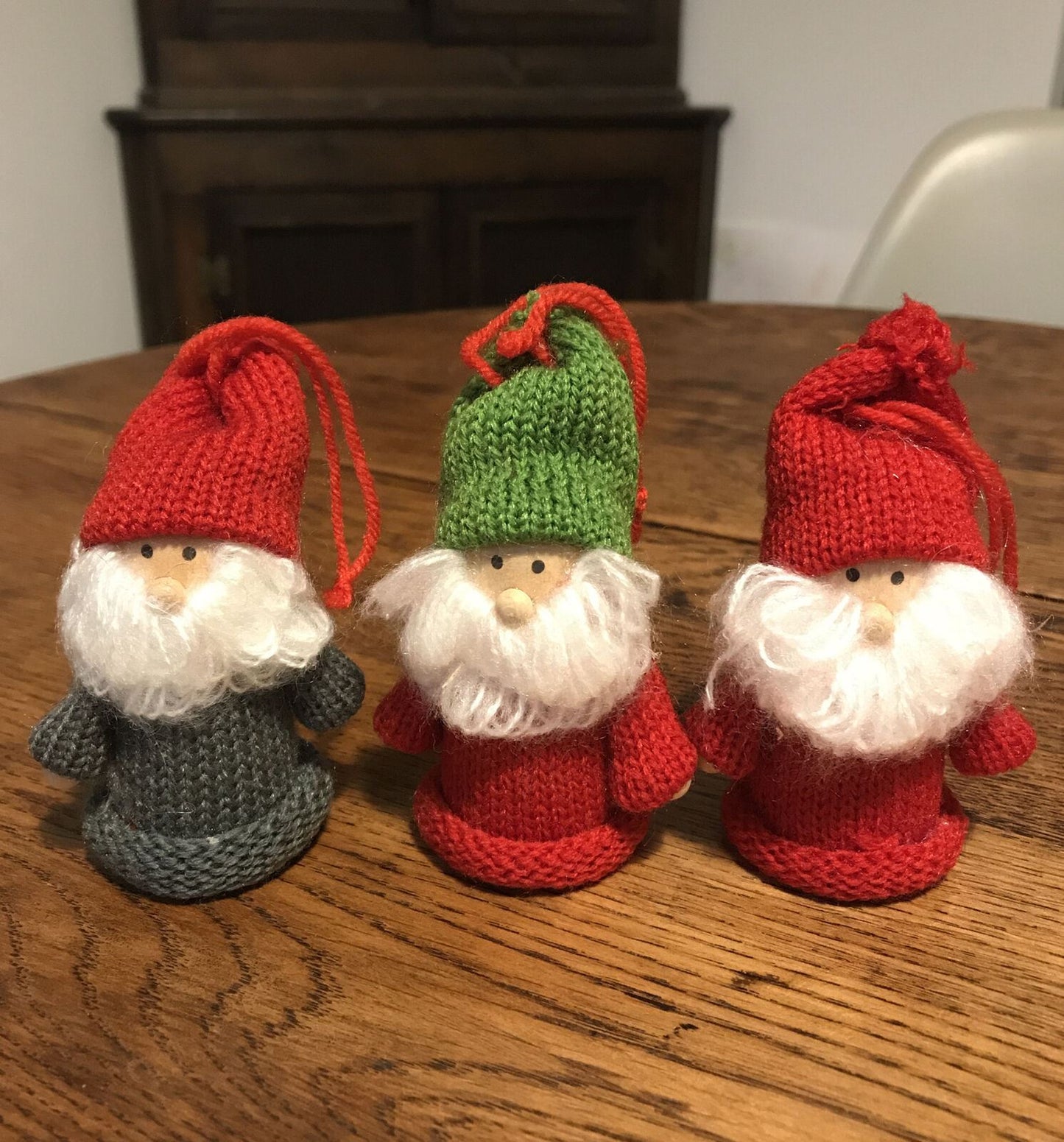 Set Of 3 Christmas Tree Decorations. Scandi Gnomes Tomte Santas. Knitted Red