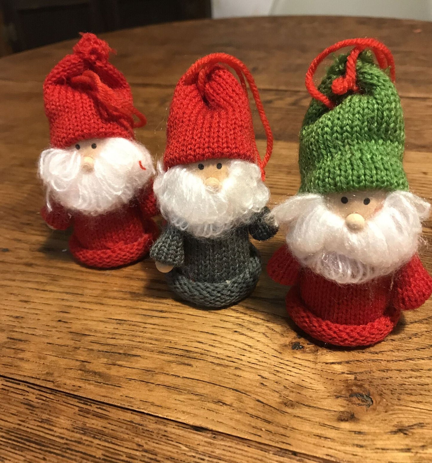 Set Of 3 Christmas Tree Decorations. Scandi Gnomes Tomte Santas. Knitted Red