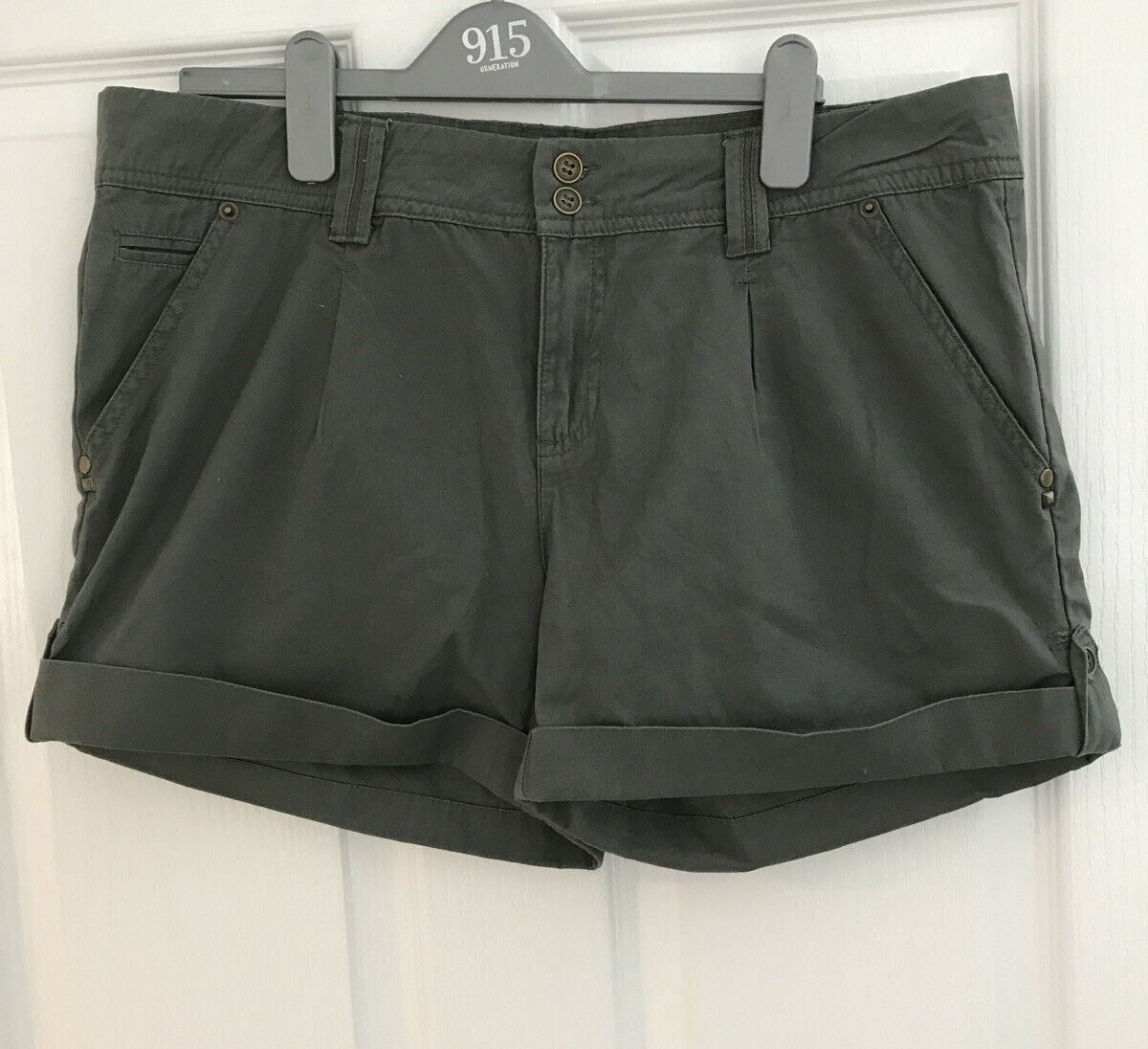 Size 16 Khaki Green Shorts. Denim And Co. Gold Studs detail.