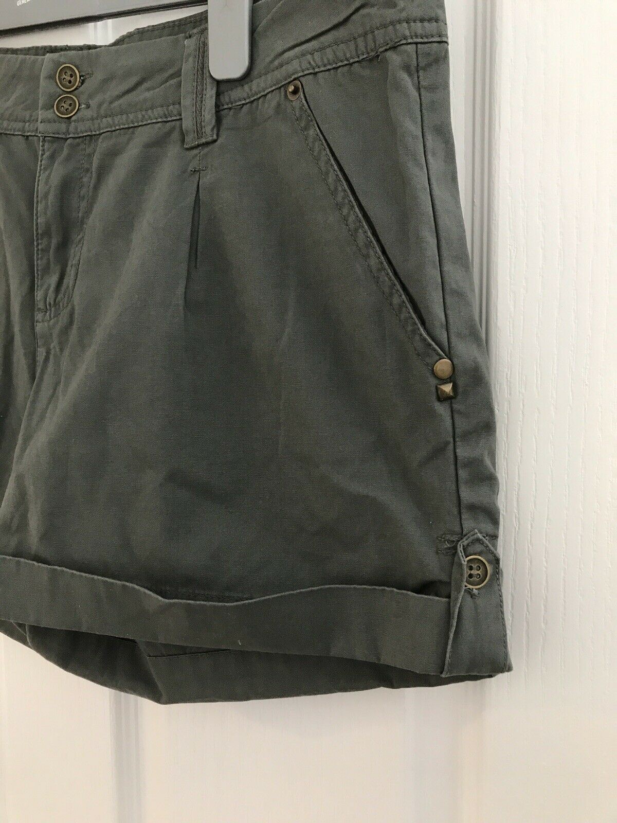 Size 16 Khaki Green Shorts. Denim And Co. Gold Studs detail.