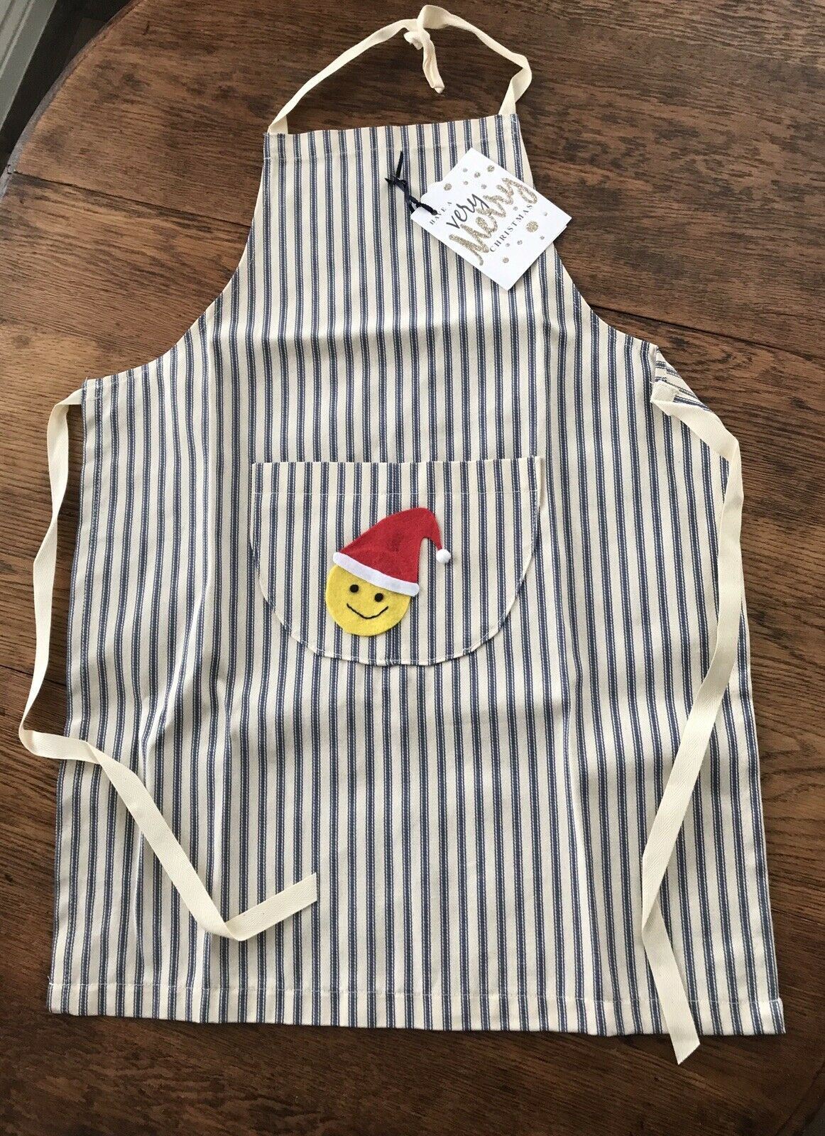 Childs Handmade Christmas Apron. Stripey, Emoji, Santa Hat.