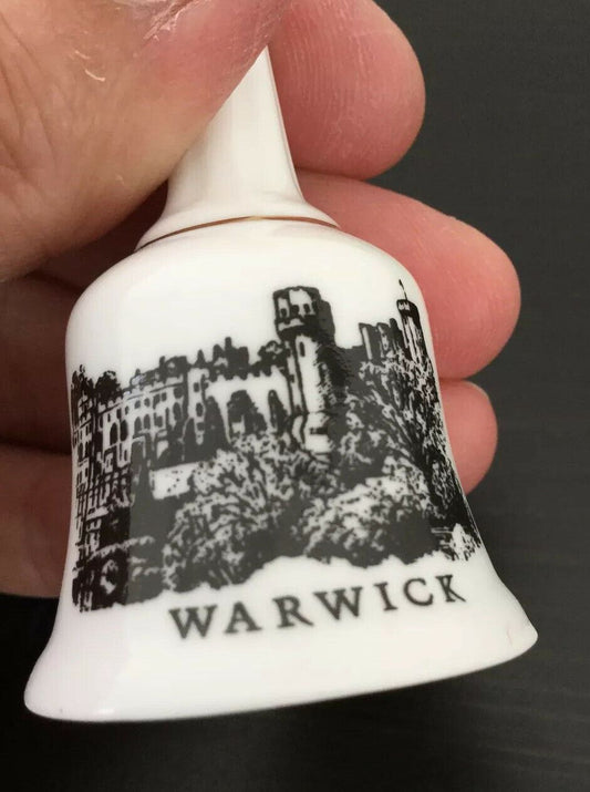 Souvenir Warwick Castle Bell Miniature China. Ringer Missing. Black White Gold