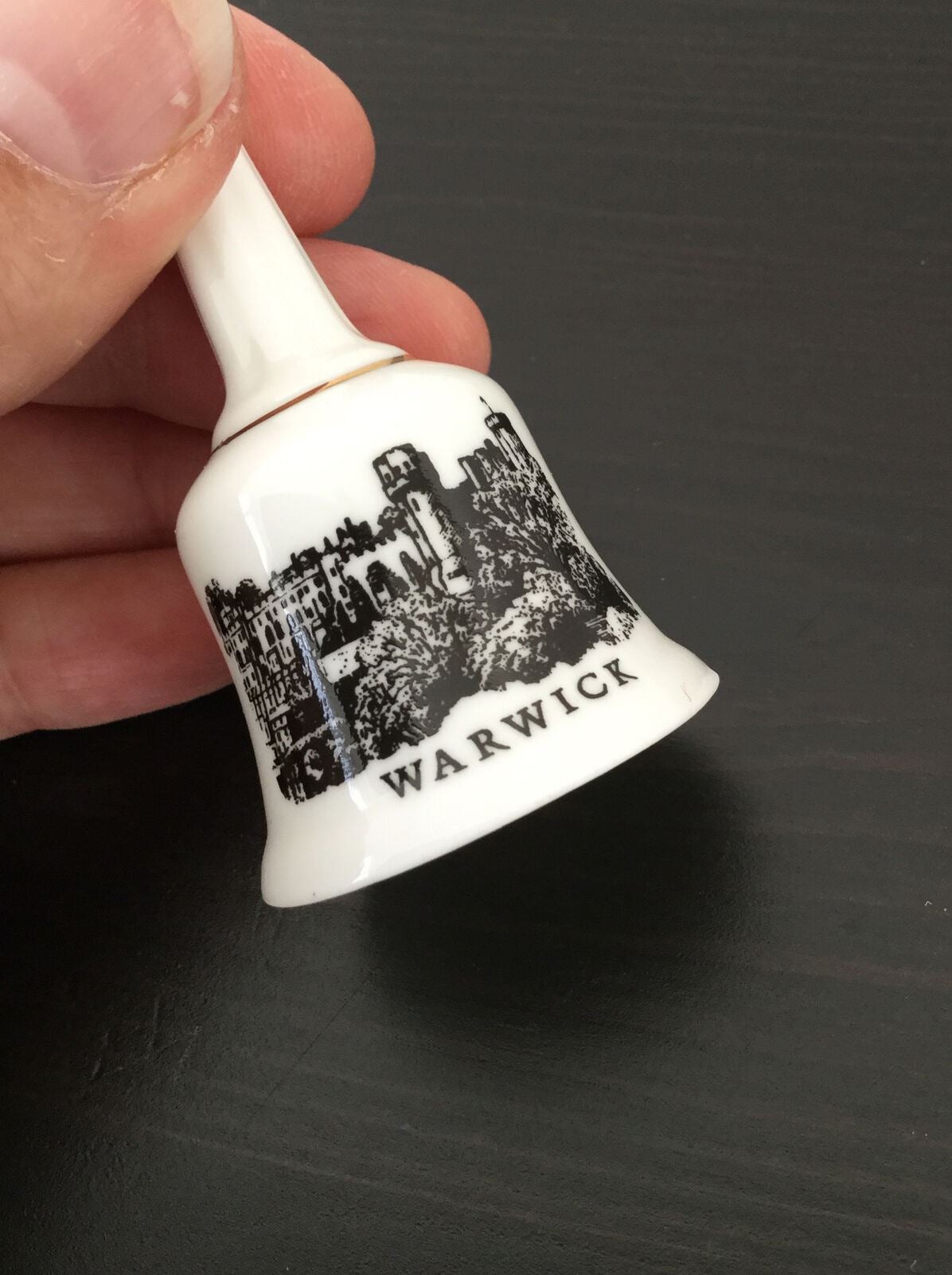 Souvenir Warwick Castle Bell Miniature China. Ringer Missing. Black White Gold